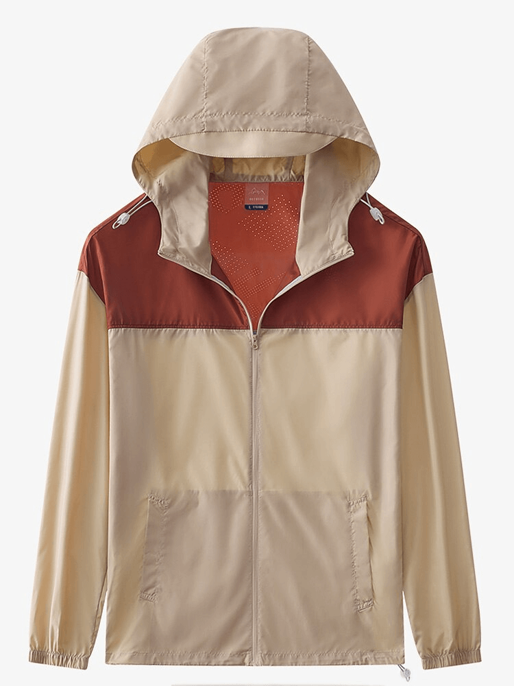 Men's casual hooded patchwork jacket, thin and breathable, in khaki and coffee colors, suitable for summer wear.